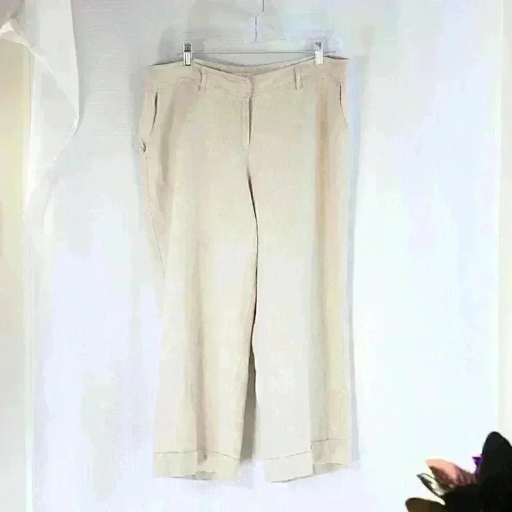 J. Jill Size 14 100% Linen cream wide leg color cuffed pants